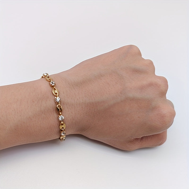Elegant 18K Gold-Plated Zirconia Bracelet – Oval Coffee Bean Design, Stainless Steel Chain for Daily Wear & Gift Occasions, Sparkling Jewelry Accessory