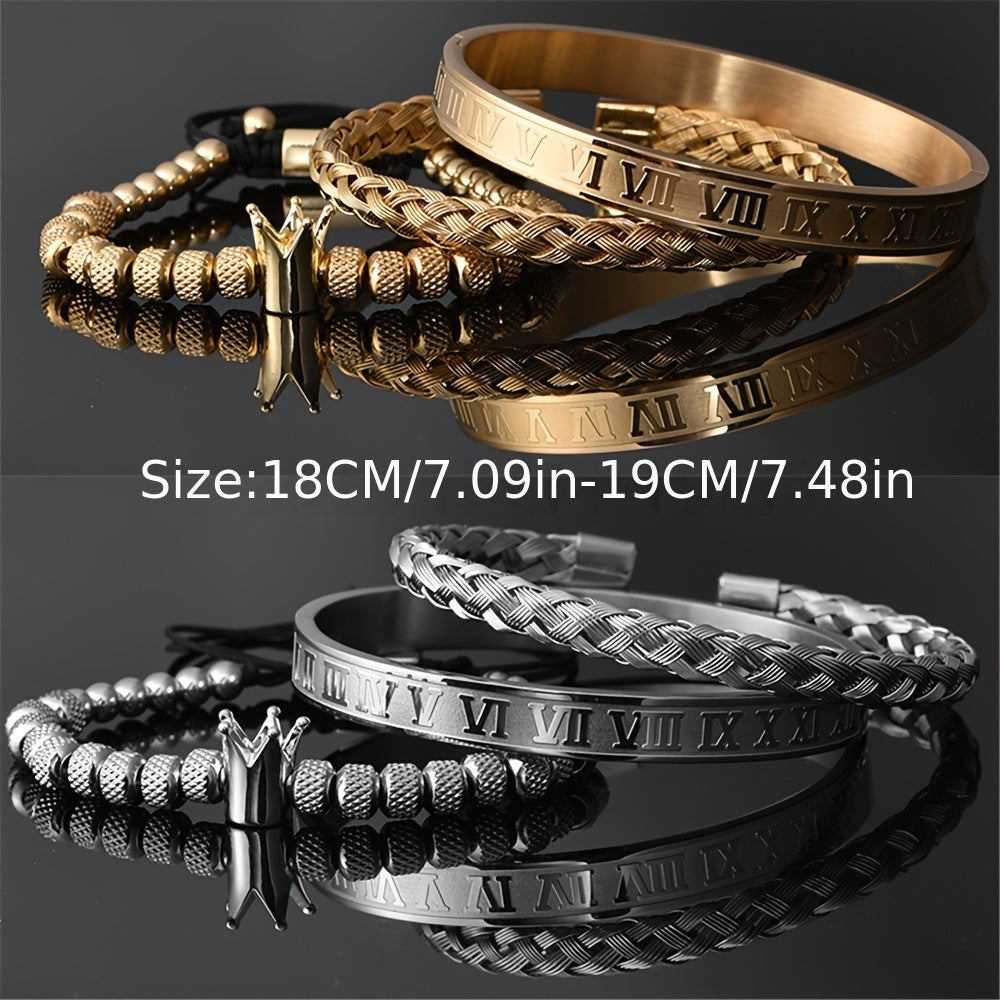 MANORSAGA Men's Stainless Steel Bracelet Set – Roman Numerals & Royal Crown Charm, Adjustable Open Bangle, 316L Polished Finish, Perfect Couple's Jewelry Gift
