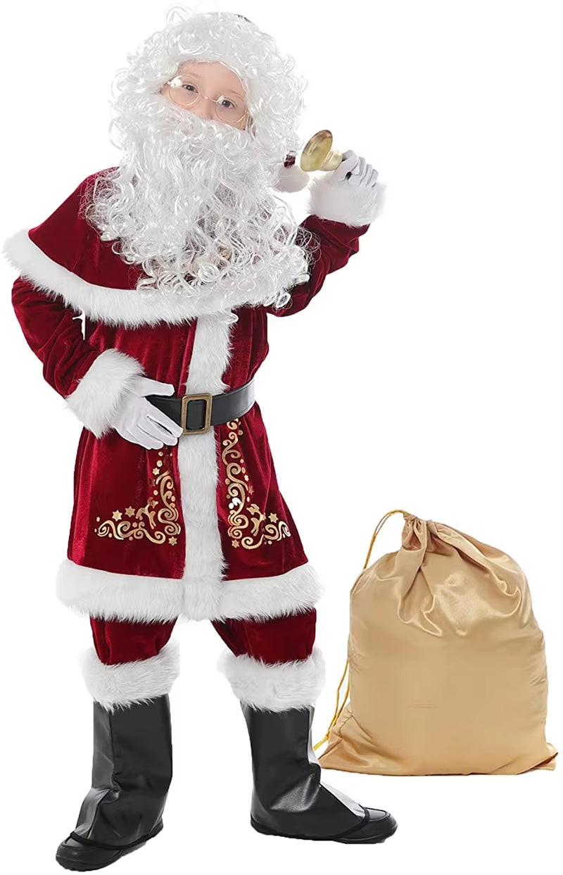 Deluxe Velvet Santa Suit – 8Pc Adult & Kids Christmas Costume Set
