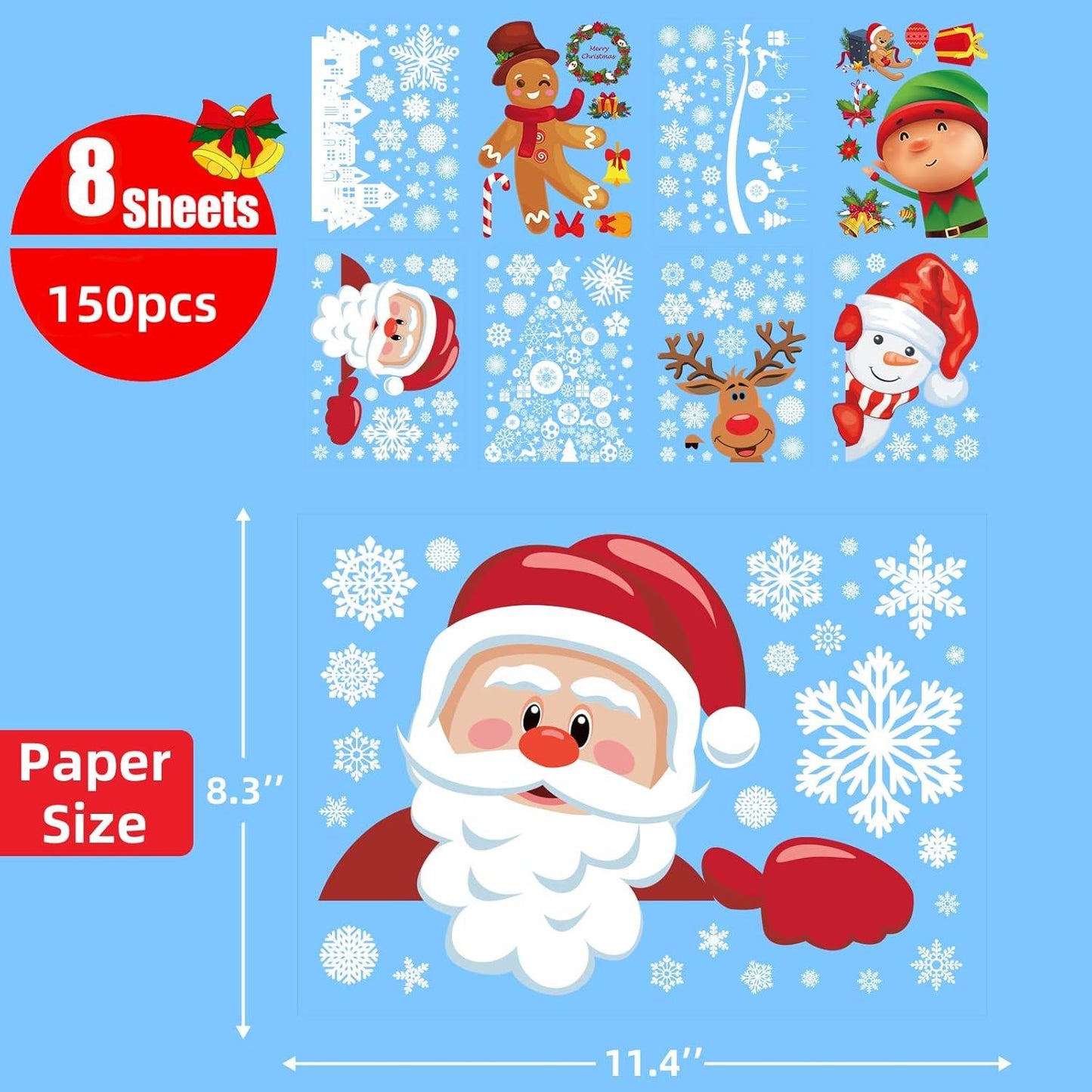 Christmas Window Clings – 150Pcs Snowflake & Holiday Stickers (8 Sheets)
