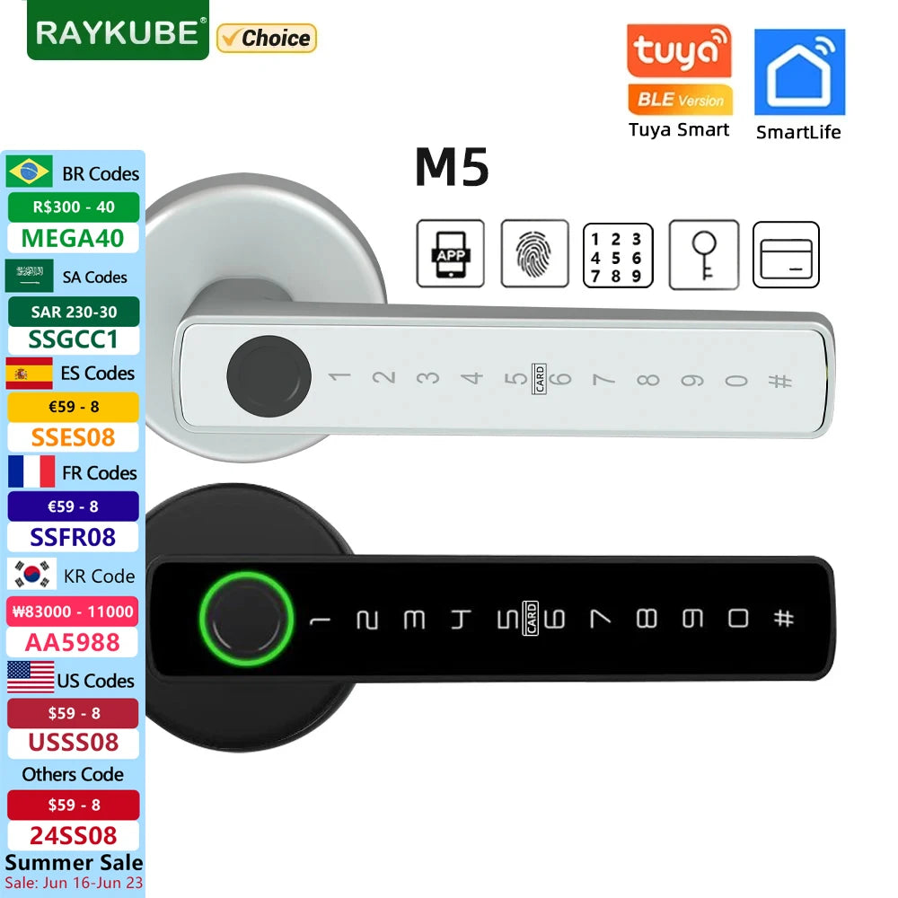 RAYKUBE M5 Tuya BLE Smart Fingerprint Door Lock Electronic Lock with Password/Key/Card/Smartlife/Tuya APP Unlock For Bedroom