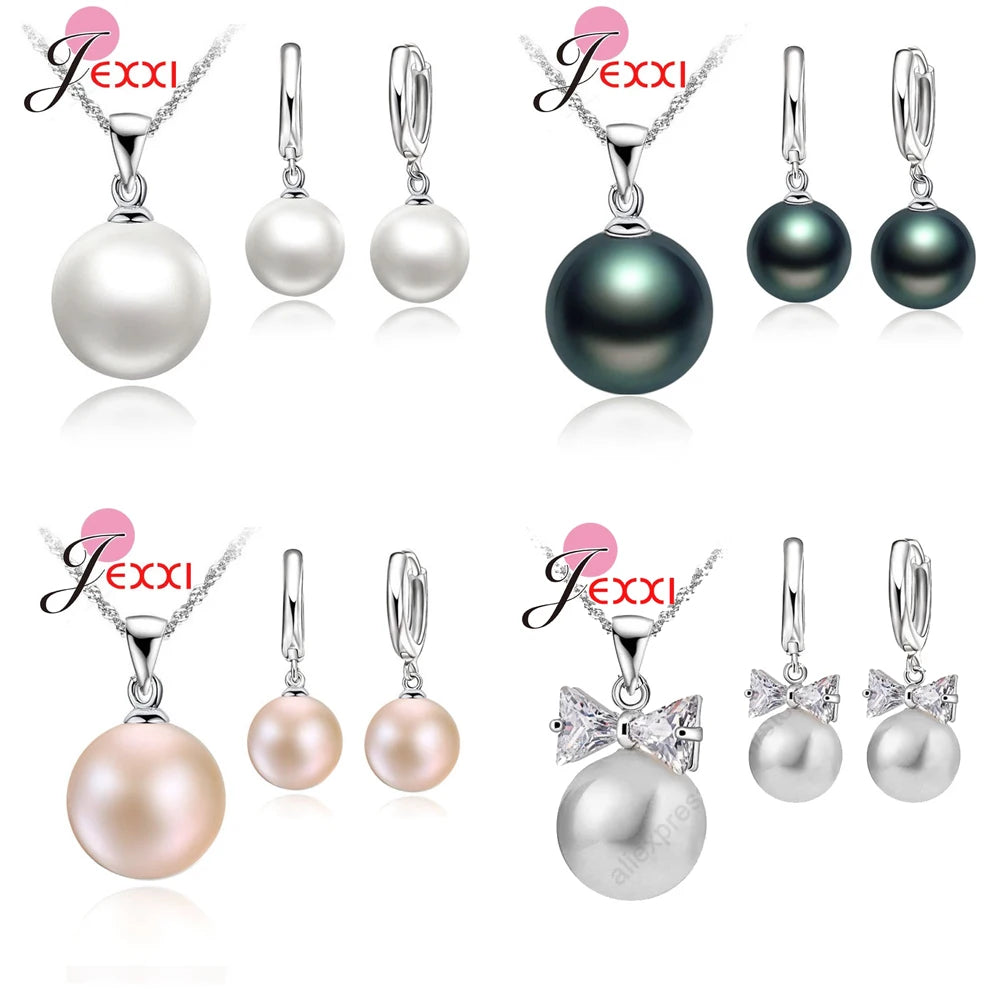 Delicate Pearl 925 Sterling Silver Jewelry Sets Drop Earrings Necklace Pendant Jewelry Women's Wedding Appointment Party