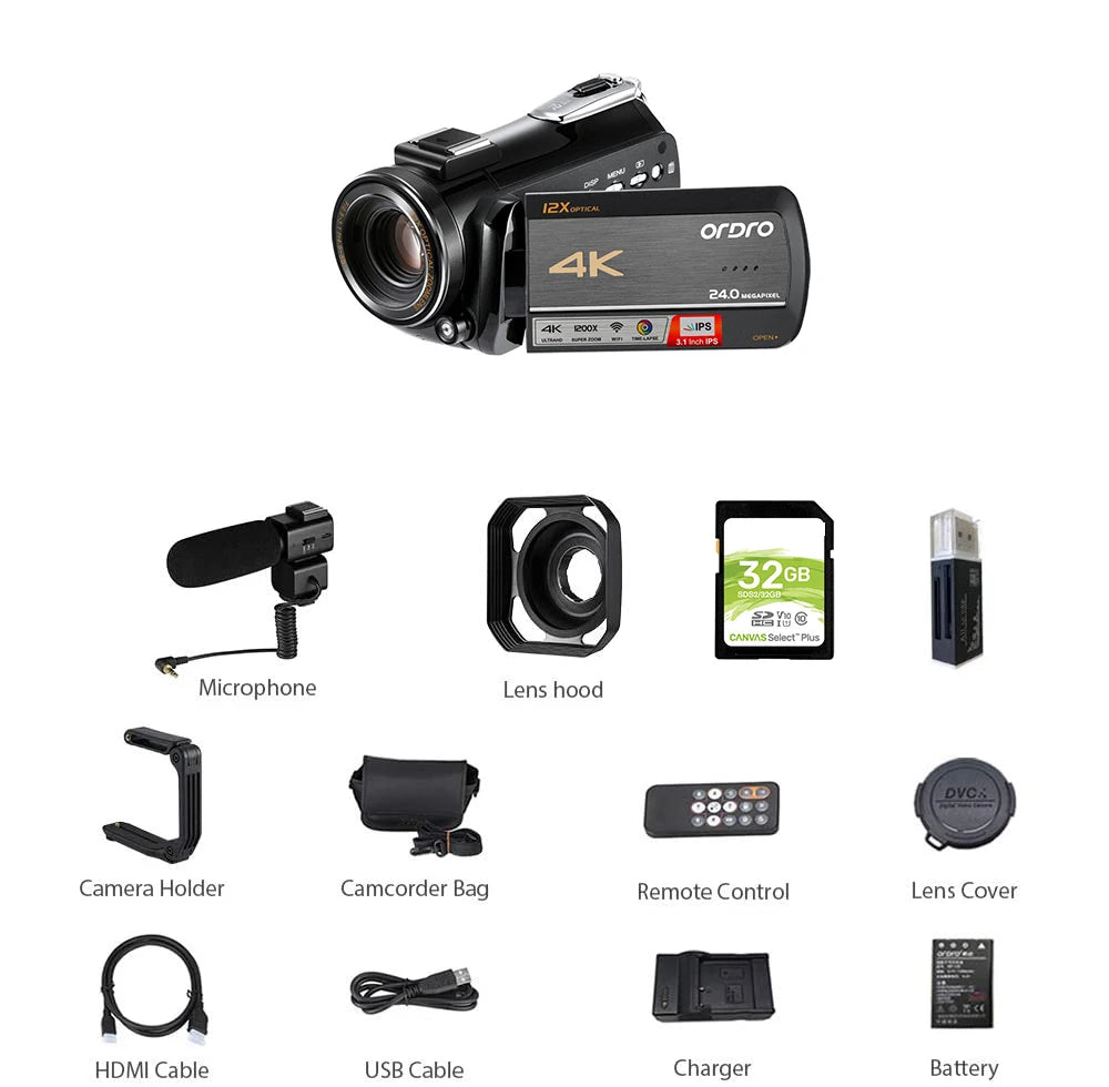 4K Ordro AC5 12X Optical Zoom Full HD Professional Video Camera for YouTube Live Streaming