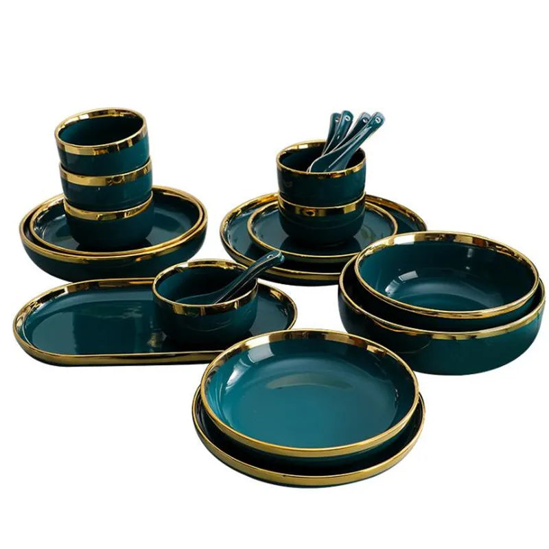 Gilt Rim Green Ceramic Plate and Bowls: Luxurious porcelain dinnerware set