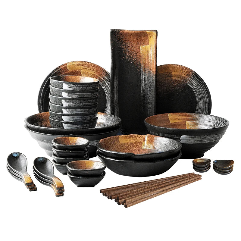 KINGLANG Japanese Dinner Set - Ceramic Retro Tableware Set