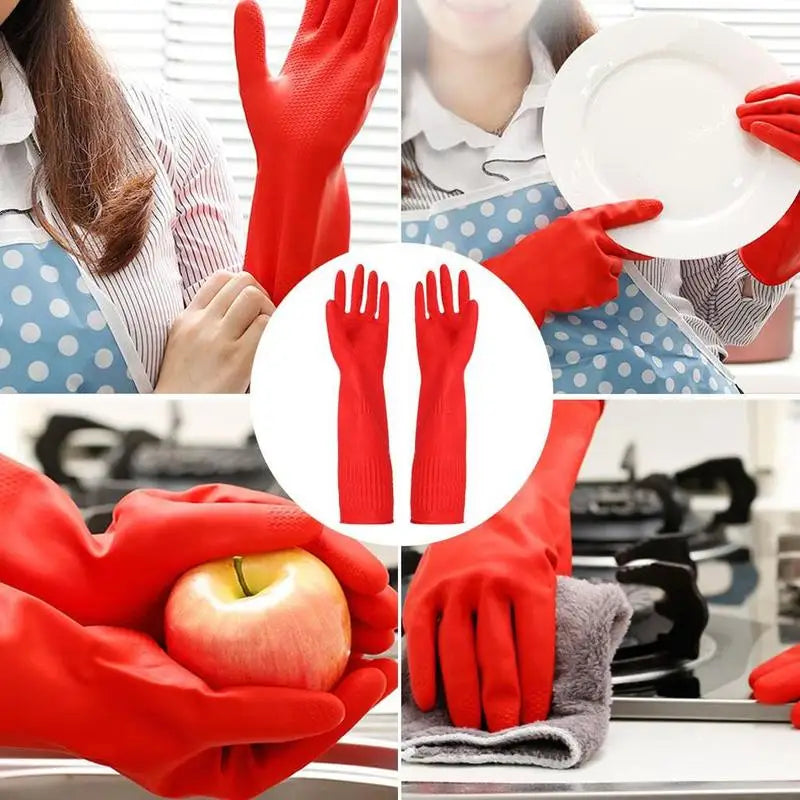 Red Gloves Washing Dishes Cleaning Waterproof Rubber Sleeve Gloves Latex Long Gloves Kitchen Tool