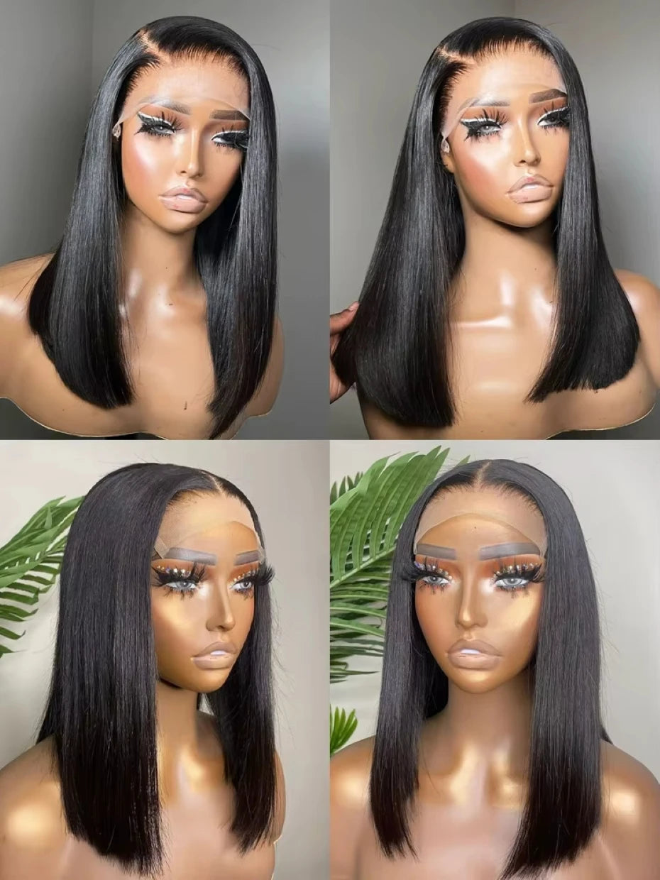5x5 Glueless Vietnamese Human Hair Wig Double Drown Short Bob Lace Front Human Hair Wigs Ready to Wear Natural Black Color 250%