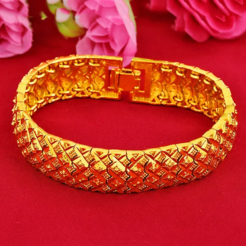 Pure 14k Gold Color Men's Watch Bracelet Gentleman Bracelets for Men Women Bangle Hand Chain, Wedding Engagement Fine Jewelry