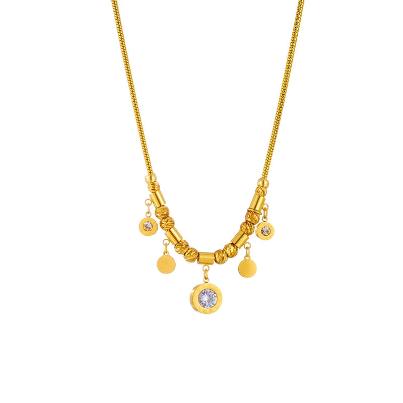 DIEYURO 316L Stainless Steel Round Roman Numeral Zircon Pendant Necklace For Women Vintage Ethnic Ladies Chain Jewelry Gifts