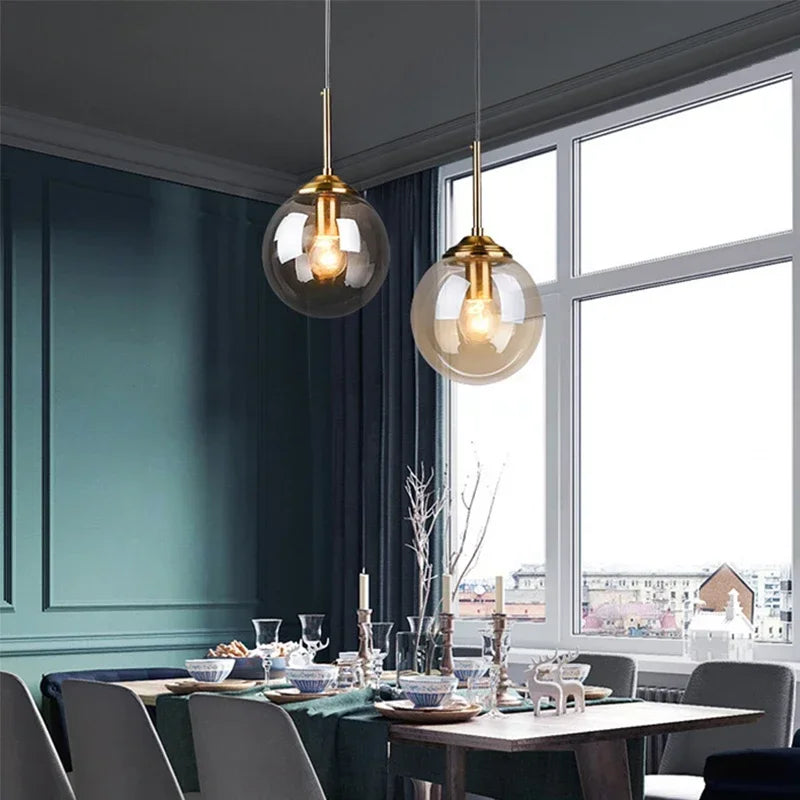 Amber Smoke Gray Clear Glass Pendant Lamp LED E27 Hanging Light for Dining Room Table Kitchen Island Bedroom Bedside Lighting