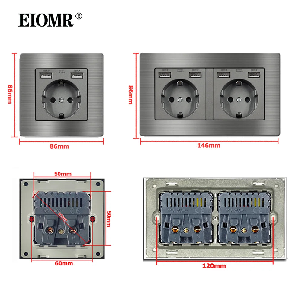 EIOMR F6 Series Gray Aluminum Alloy Panel Light Switch EU Electrical 86mm Single Socket 146mm Double Outlet Usb Wall TV Socket