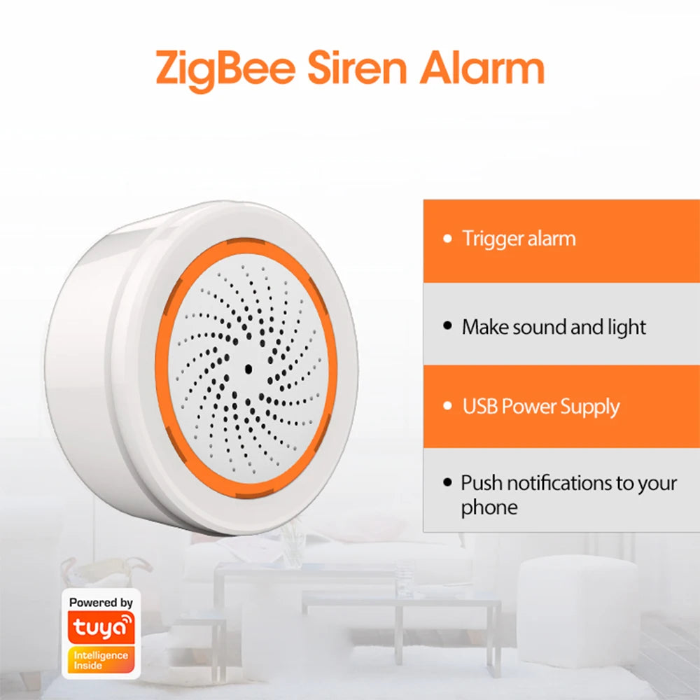 Tuya Zigbee Smart Siren Alarm For Home Security with Strobe Alerts Support USB Cable Power UP Works With TUYA Smart Hub