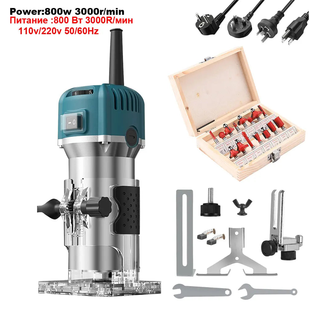 800w 30000rpm Wood Router Kit,6 Speed Electric Trimmer Woodworking Tool Power Carpentry Manual Trimmer Tools With Milling Cutter