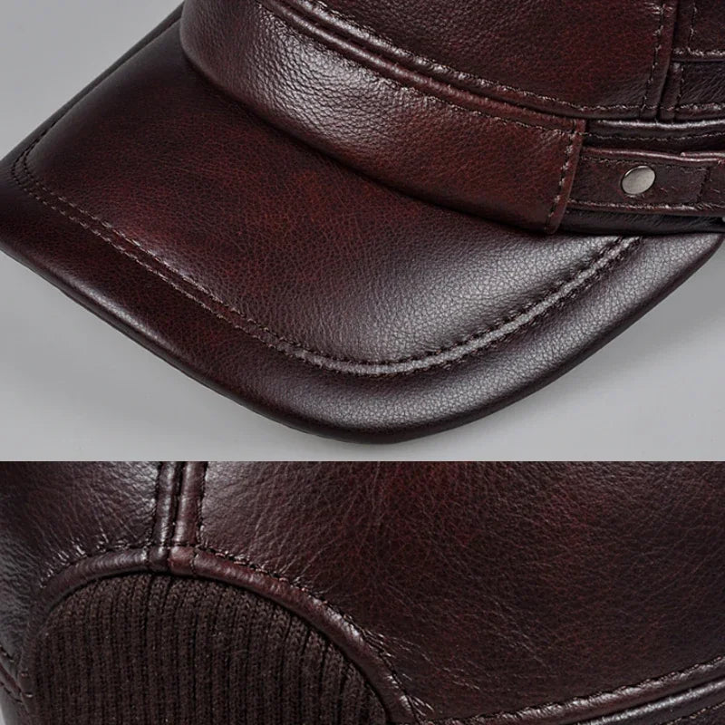 Winter Genuine Leather Cap Men's Flat Caps Military Hat Elegant Man Baseball Cap British Vintage Cowhide Ear Warm Hat