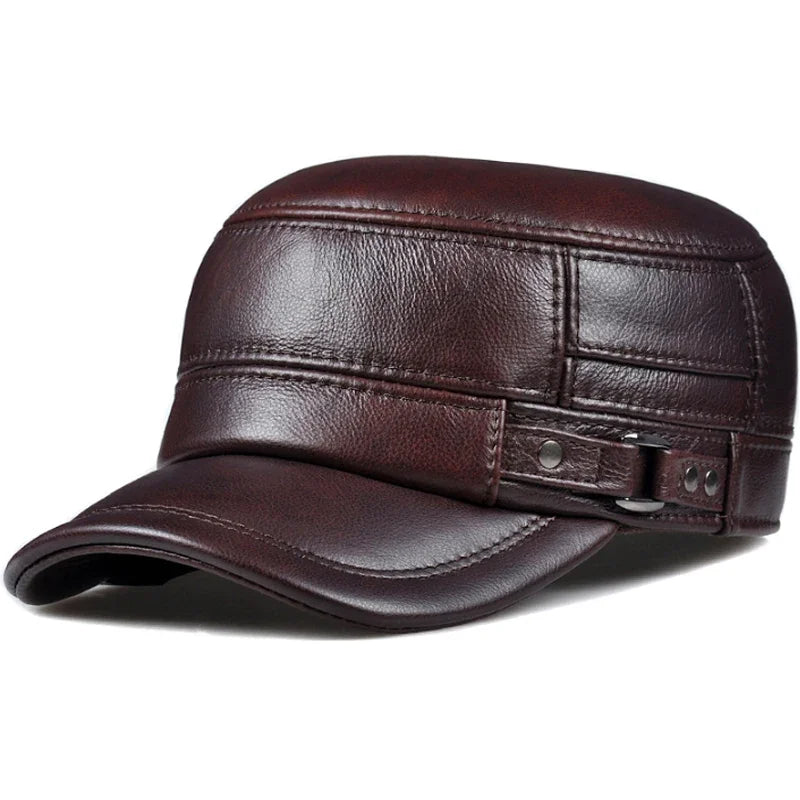 Winter Genuine Leather Cap Men's Flat Caps Military Hat Elegant Man Baseball Cap British Vintage Cowhide Ear Warm Hat