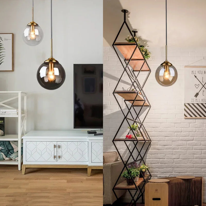 Amber Smoke Gray Clear Glass Pendant Lamp LED E27 Hanging Light for Dining Room Table Kitchen Island Bedroom Bedside Lighting