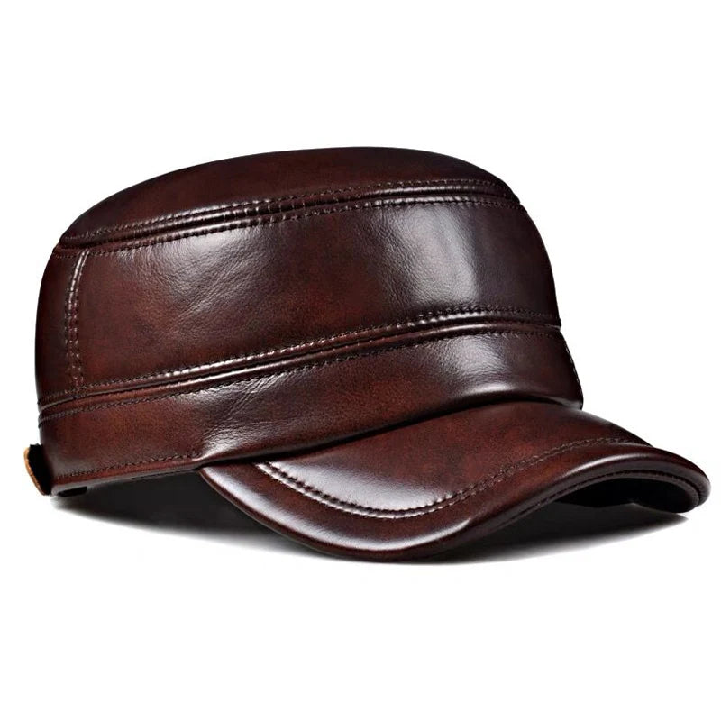 Winter Genuine Leather Cap Men's Flat Caps Military Hat Elegant Man Baseball Cap British Vintage Cowhide Ear Warm Hat