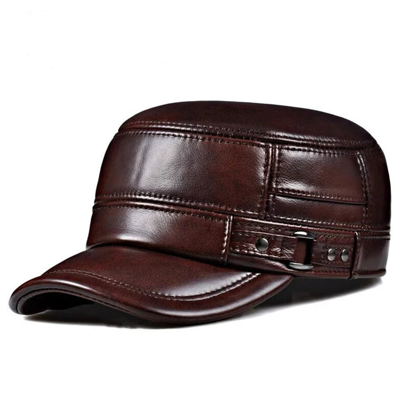 Winter Genuine Leather Cap Men's Flat Caps Military Hat Elegant Man Baseball Cap British Vintage Cowhide Ear Warm Hat