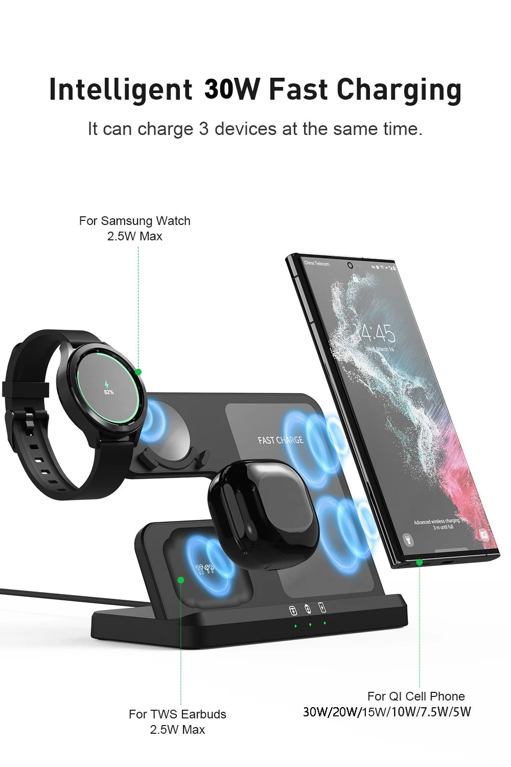 3 in 1 Wireless Charger Stand for Samsung Galaxy S23 S22 21 Ultra S20 30W - Fast Charging Dock Station - Watch 6 /5 Holder Buds2 Pro