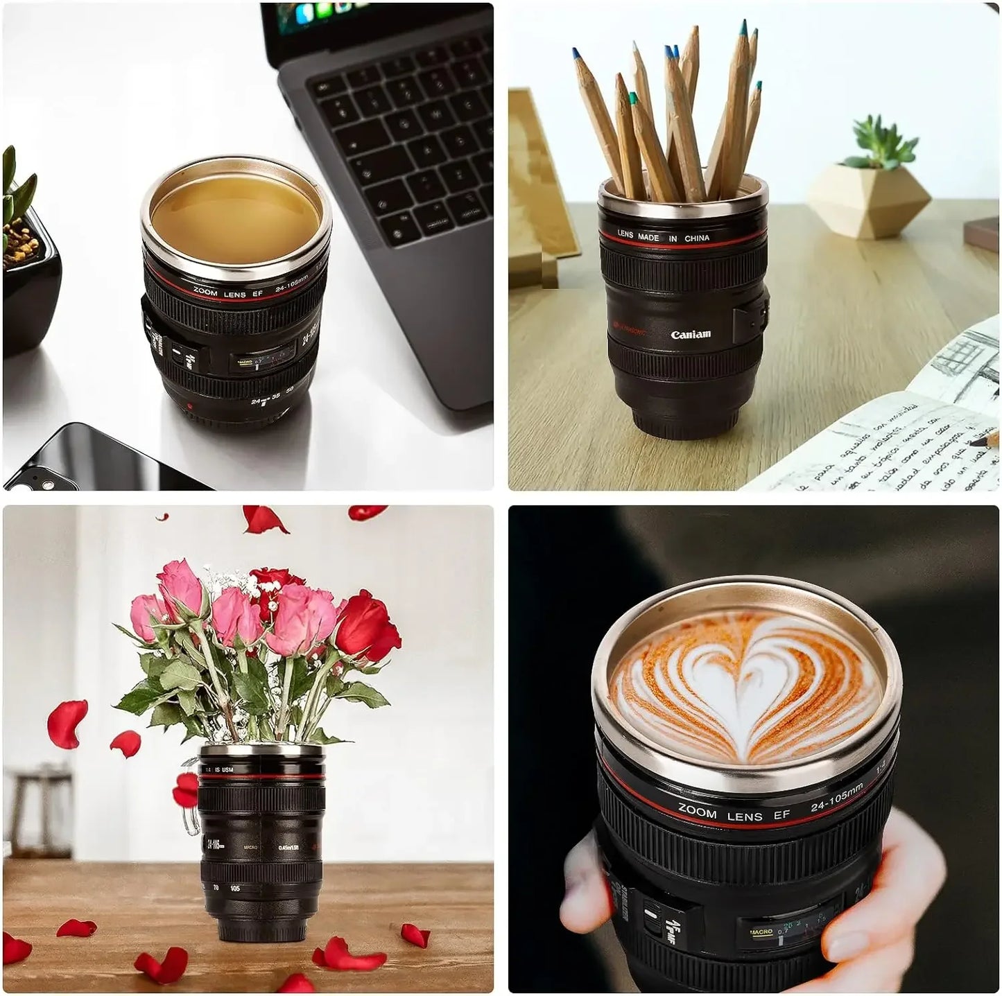 Stainless Steel Thermal Tumbler with Lid, Insulated Vacuum Flask Bottle, Camera Lens Mug