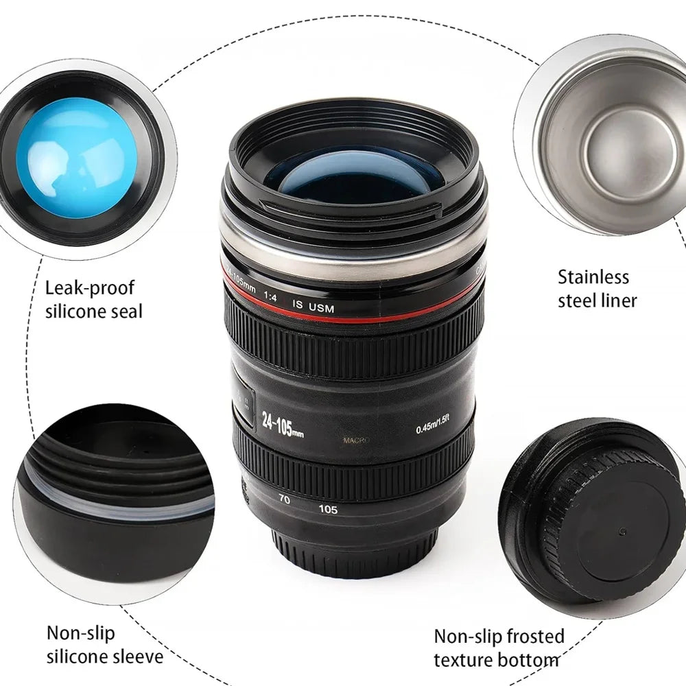 Stainless Steel Thermal Tumbler with Lid, Insulated Vacuum Flask Bottle, Camera Lens Mug