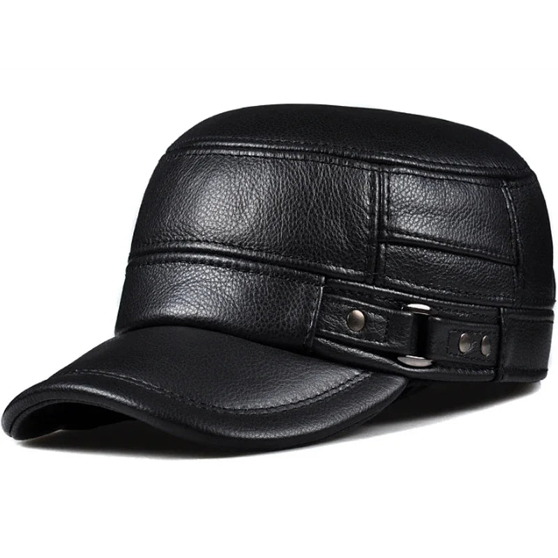 Winter Genuine Leather Cap Men's Flat Caps Military Hat Elegant Man Baseball Cap British Vintage Cowhide Ear Warm Hat
