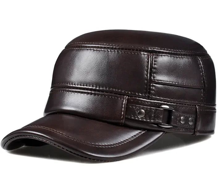 Winter Genuine Leather Cap Men's Flat Caps Military Hat Elegant Man Baseball Cap British Vintage Cowhide Ear Warm Hat