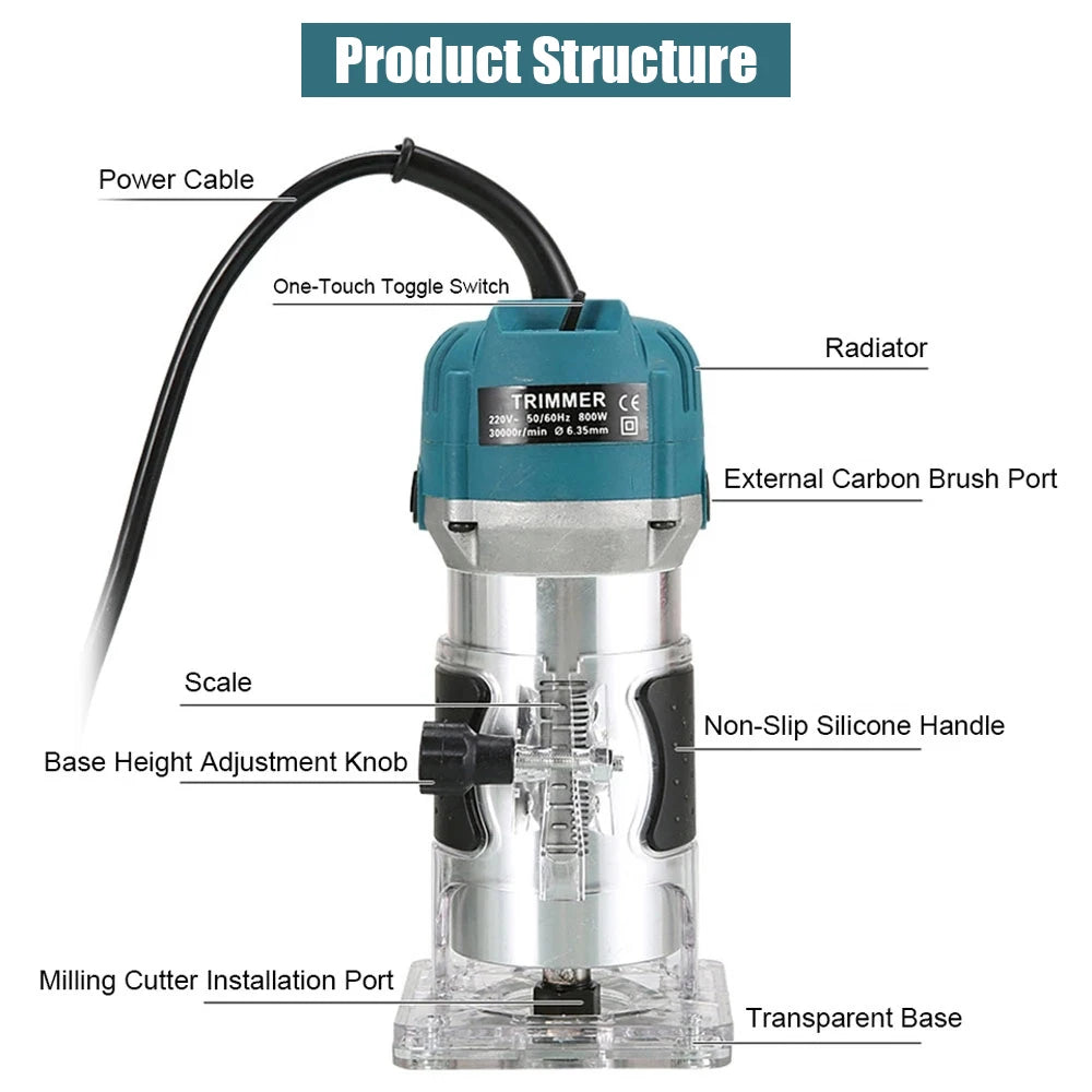 800w 30000rpm Wood Router Kit,6 Speed Electric Trimmer Woodworking Tool Power Carpentry Manual Trimmer Tools With Milling Cutter