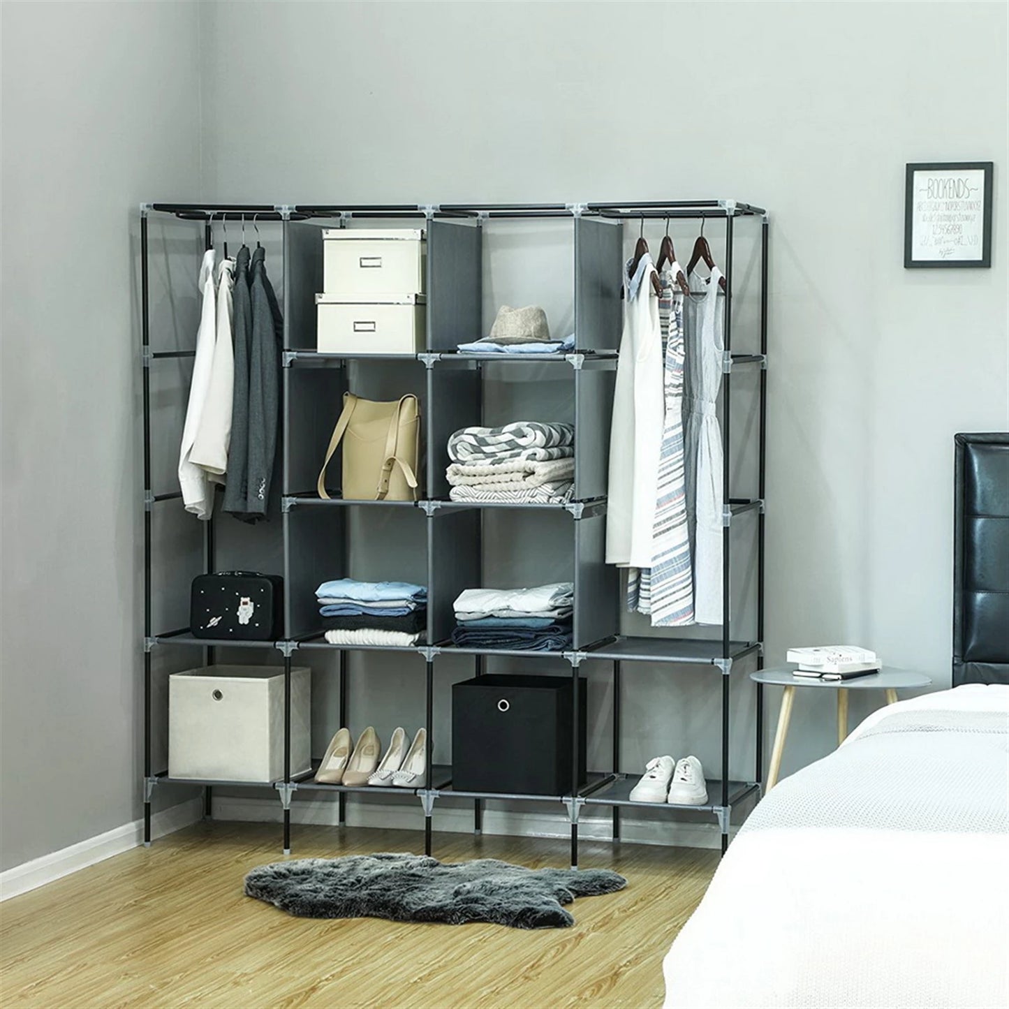 67" Clothes Closet Portable Wardrobe Clothes Storage Rack with 12 Shelves and 4 Side Pockets,Storage Cabinet Bedrooms Closet