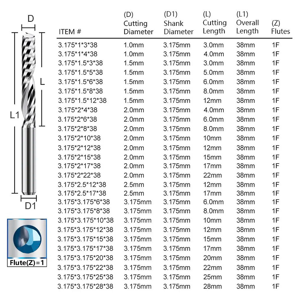 XCAN Carbide End Mill Single Flute Milling Cutter 3.175 4 6mm Shank One Flute Spiral PVC Cutter CNC Router Bit