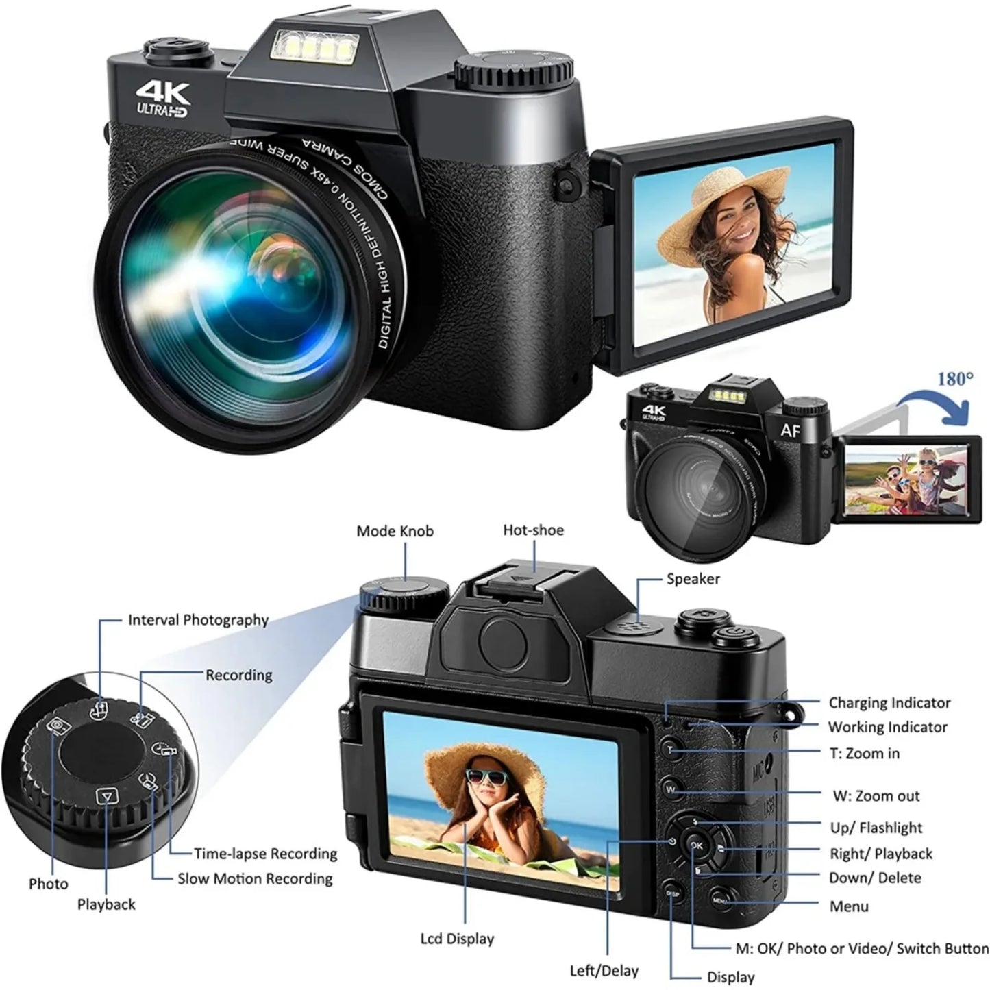 4K Digital Camera for Photography 48MP WiFi Autofocus Compact Video Camera 16X Digital Zoom Anti-Shake Vlog Camera 3"Flip Screen