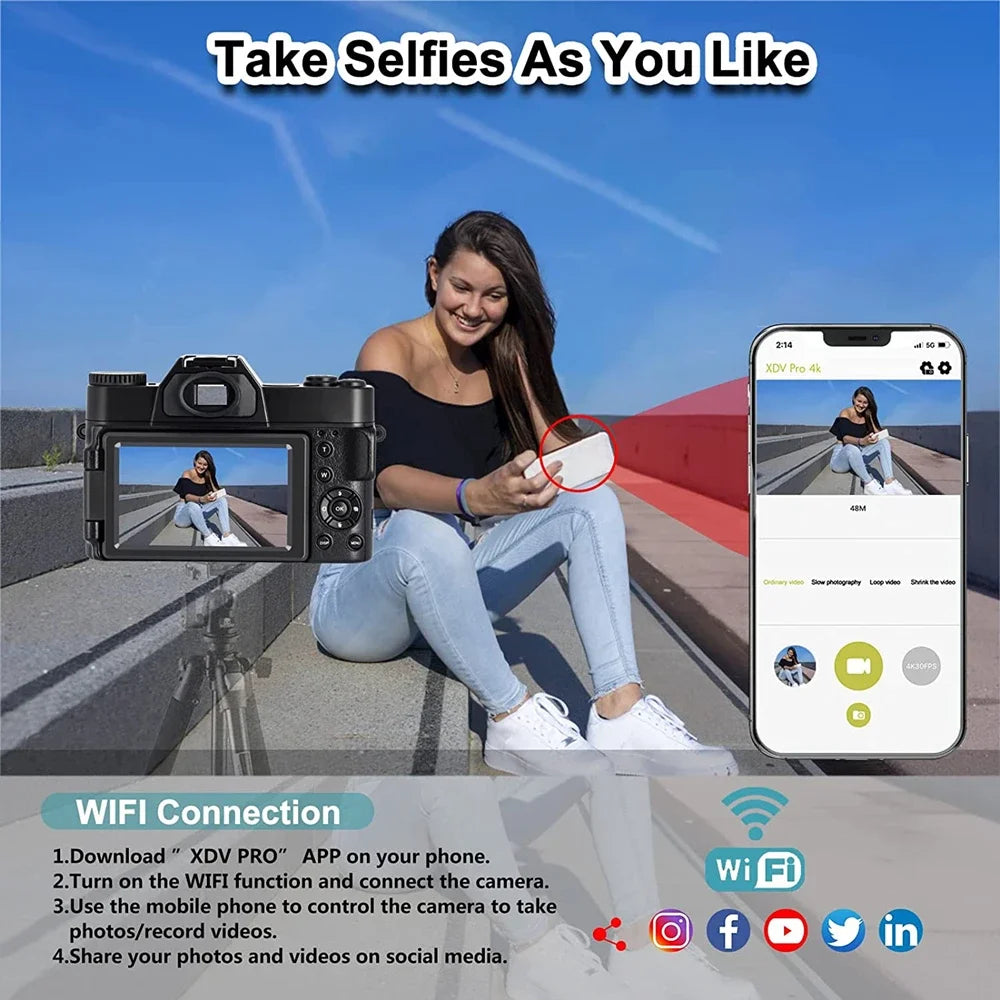 4K Digital Camera for Photography 48MP WiFi Autofocus Compact Video Camera 16X Digital Zoom Anti-Shake Vlog Camera 3"Flip Screen