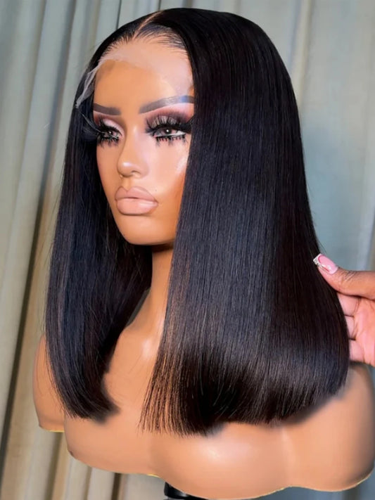 5x5 Glueless Vietnamese Human Hair Wig Double Drown Short Bob Lace Front Human Hair Wigs Ready to Wear Natural Black Color 250%