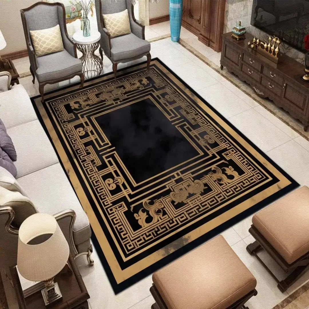 European Style Carpets for Living Room Luxury Gold Black Rug Decoration Home Large Size Bedroom Carpet Washable Anti-skid Mat