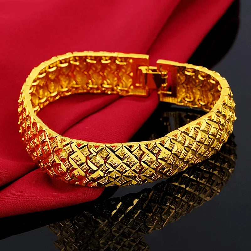 Pure 14k Gold Color Men's Watch Bracelet Gentleman Bracelets for Men Women Bangle Hand Chain, Wedding Engagement Fine Jewelry