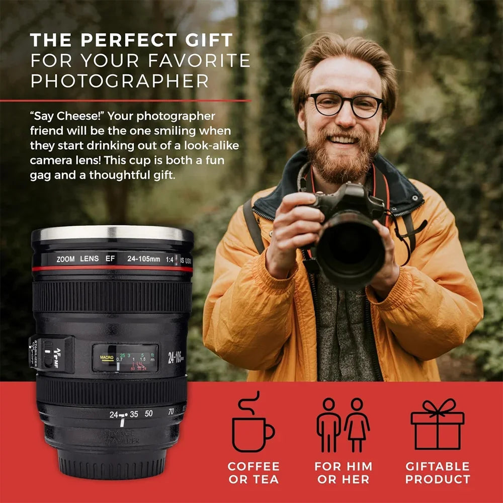 Stainless Steel Thermal Tumbler with Lid, Insulated Vacuum Flask Bottle, Camera Lens Mug