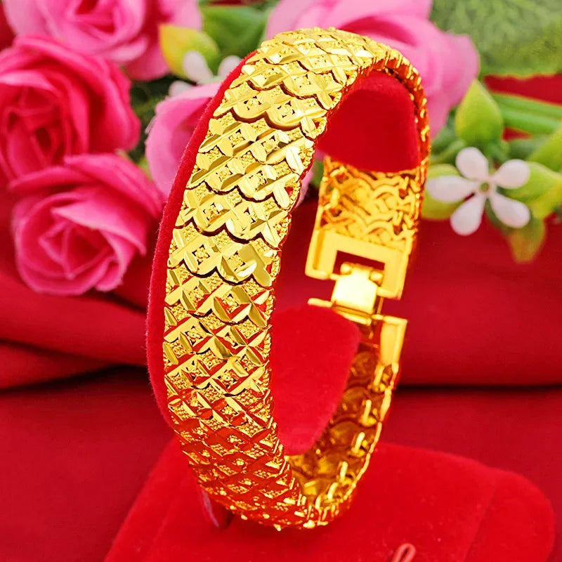 Pure 14k Gold Color Men's Watch Bracelet Gentleman Bracelets for Men Women Bangle Hand Chain, Wedding Engagement Fine Jewelry