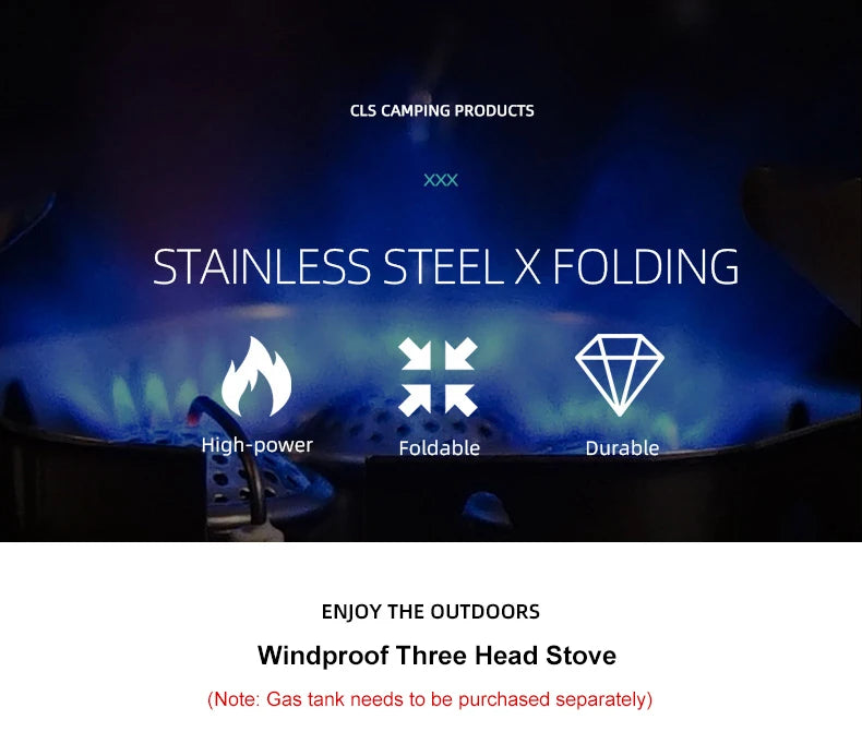 CLS Outdoor portable windproof and foldable three head stove cooking solution for camping and picnics