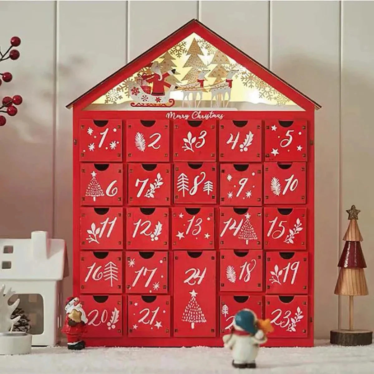 Wooden Christmas Advent Calendar – 24 Drawer Village House with LED Lights, Refillable DIY Countdown Box, Festive Holiday Decoration