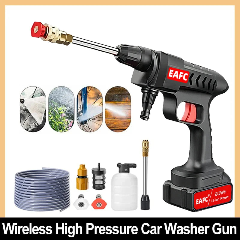 High-pressure 300W power car wash gun with 20000mAh battery, and a 60Bar spray nozzle for cleaning cars, homes, and gardens