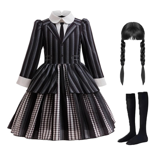 Girls Party Dresses Black Princess Dress+Socks+Wig Sets For Children Halloween Cosplay Costume Carnival Movie Role Play Dress Up
