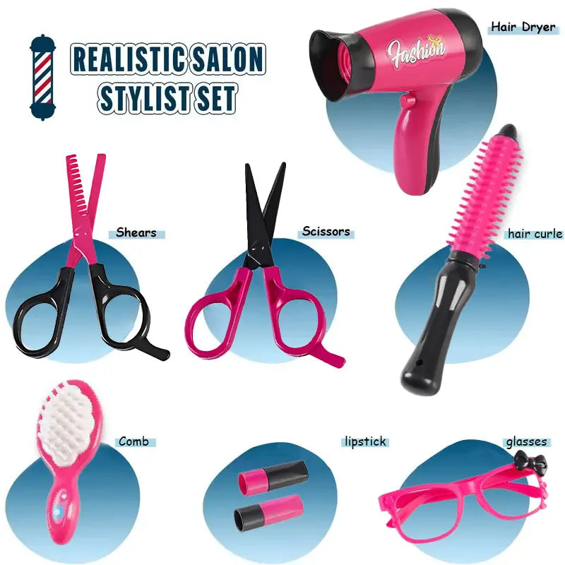 17pcs Girls Beauty Salon Set, Pretend Play Hair Cutting Kit, Hairdresser Toy With Hair Dryer, Scissors, Barber Apron And Stylin