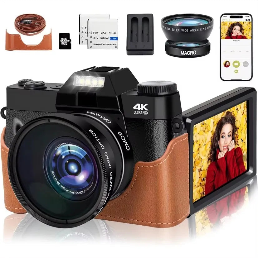 4K Digital Camera for Photography 48MP WiFi Autofocus Compact Video Camera 16X Digital Zoom Anti-Shake Vlog Camera 3"Flip Screen