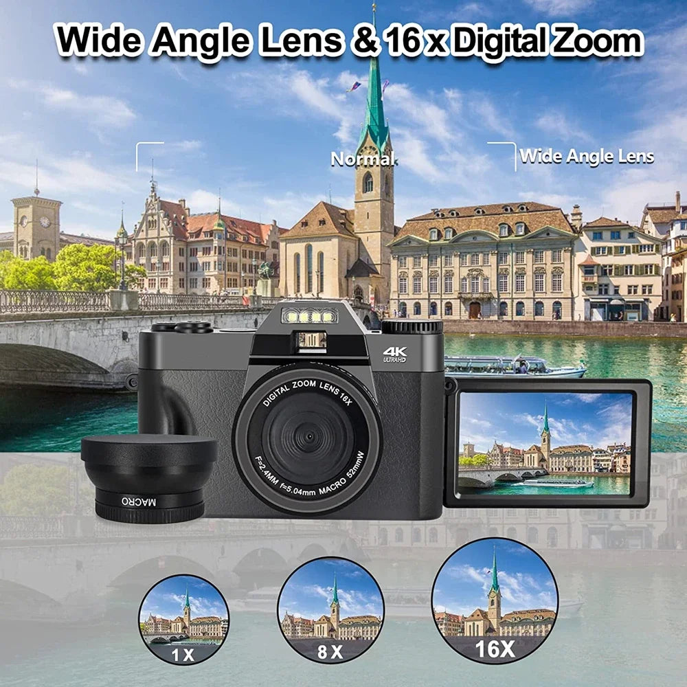 4K Digital Camera for Photography 48MP WiFi Autofocus Compact Video Camera 16X Digital Zoom Anti-Shake Vlog Camera 3"Flip Screen