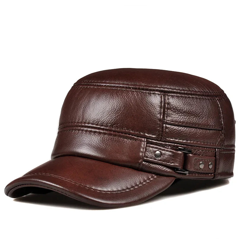 Winter Genuine Leather Cap Men's Flat Caps Military Hat Elegant Man Baseball Cap British Vintage Cowhide Ear Warm Hat