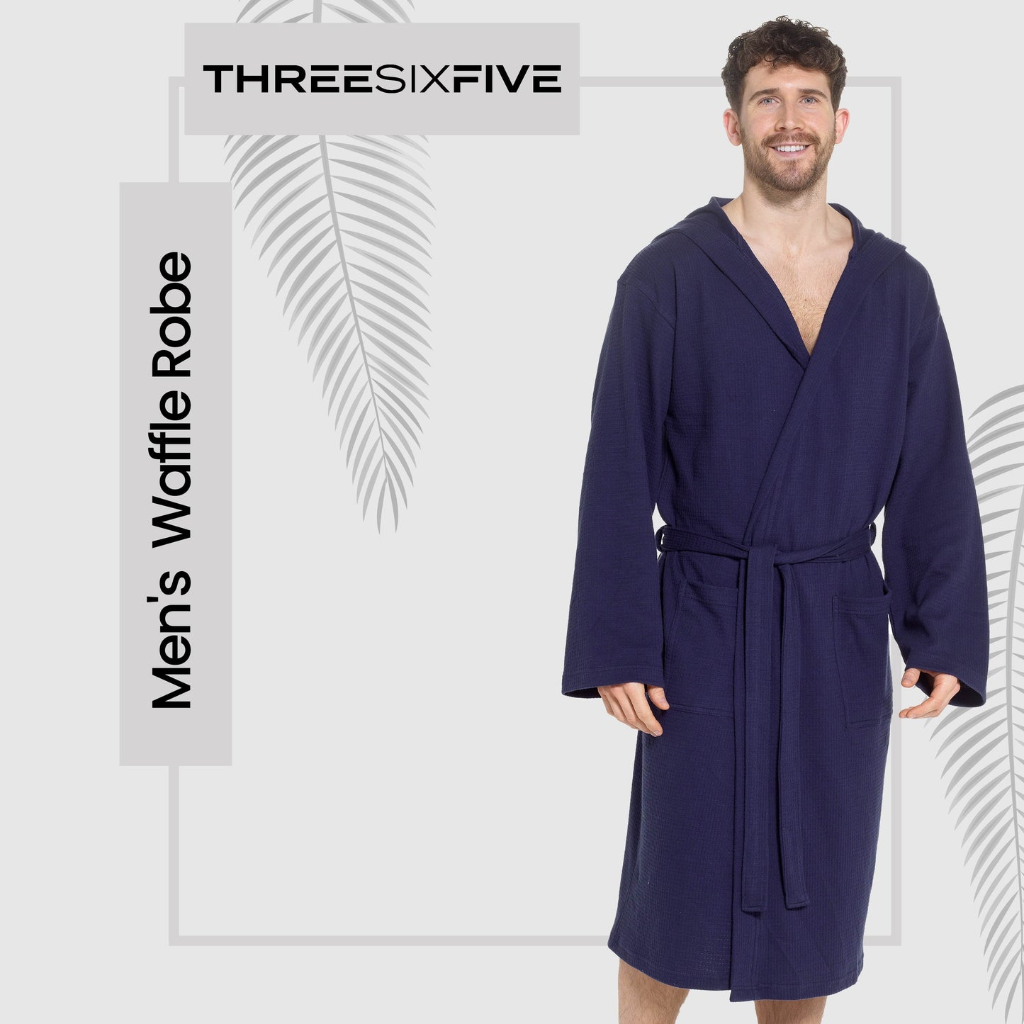 OLIVIA ROCCO Men's Hooded Waffle Cotton Bathrobe Navy, Super Absorbent Spa Robe, Luxury Dressing Gown For Home And Loungewear