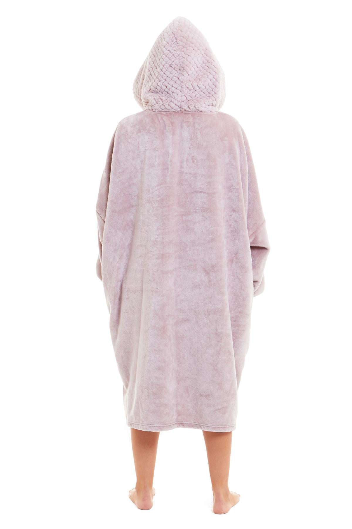 OLIVIA ROCCO Oversized Plush Hooded Poncho Blanket With Ultra-Soft Fur Hood, Double Pocket, Pink And Grey Ideal For Cold Evenings And Lounging At Home