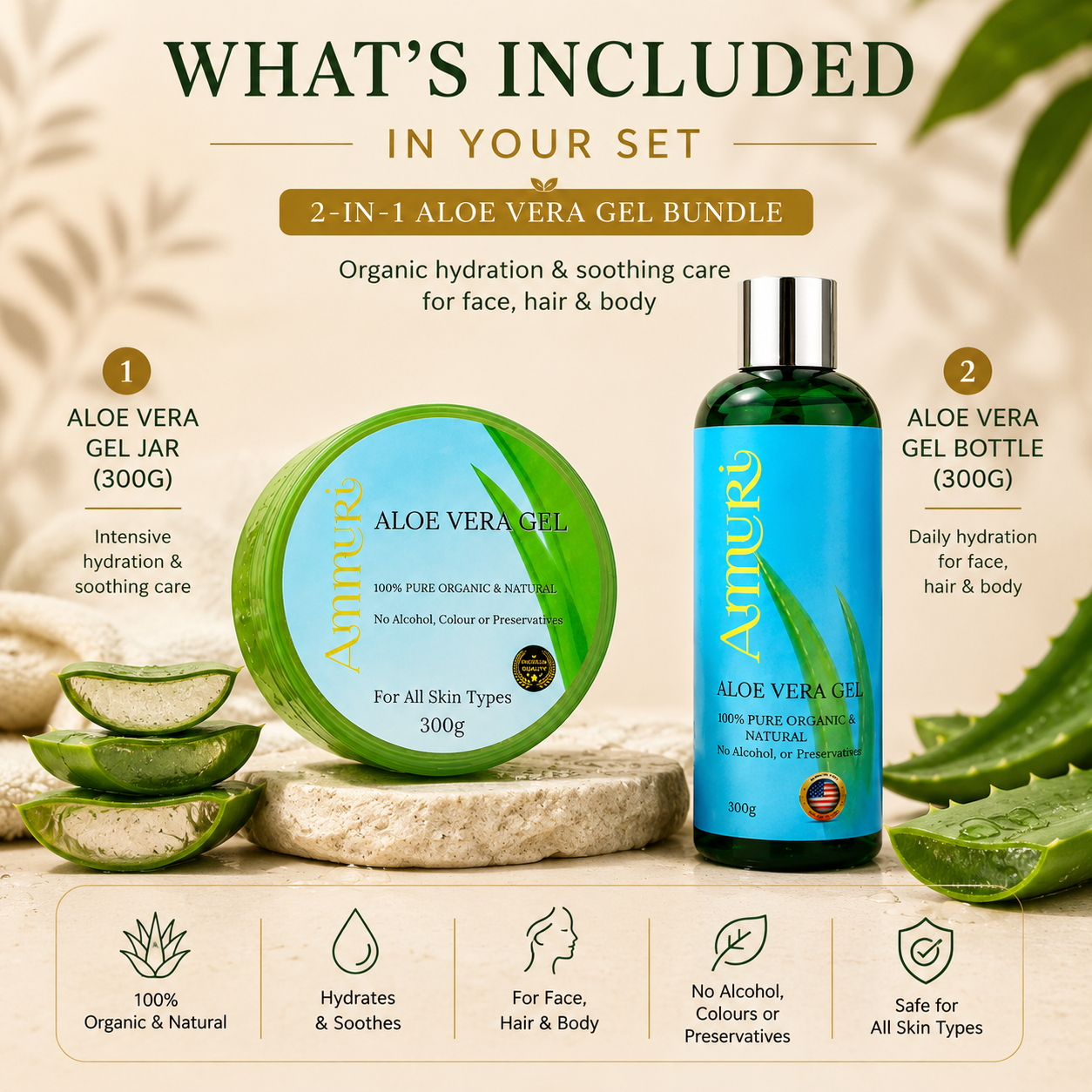 Organic Aloe Vera Gel Set for Face, Hair & Body Soothing | Ammuri