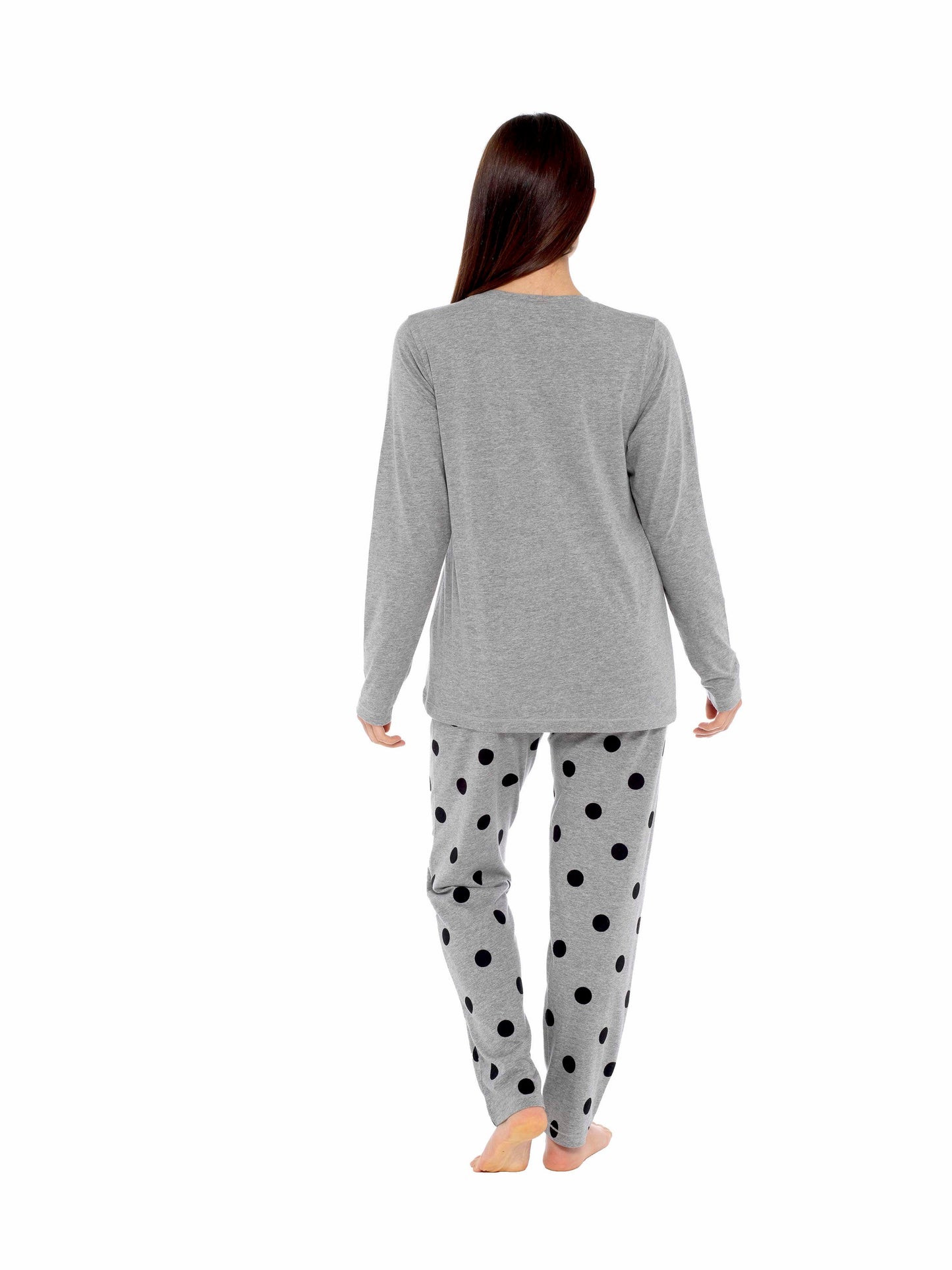 Women's Grey Cotton Pyjama Set with Polka Dot Pants and Frenchie Pugs Print, Long Sleeve Top, Comfortable Loungewear, Soft Breathable Fabric, Hypoallergenic, Stylish Sleepwear by Daisy Dreamer