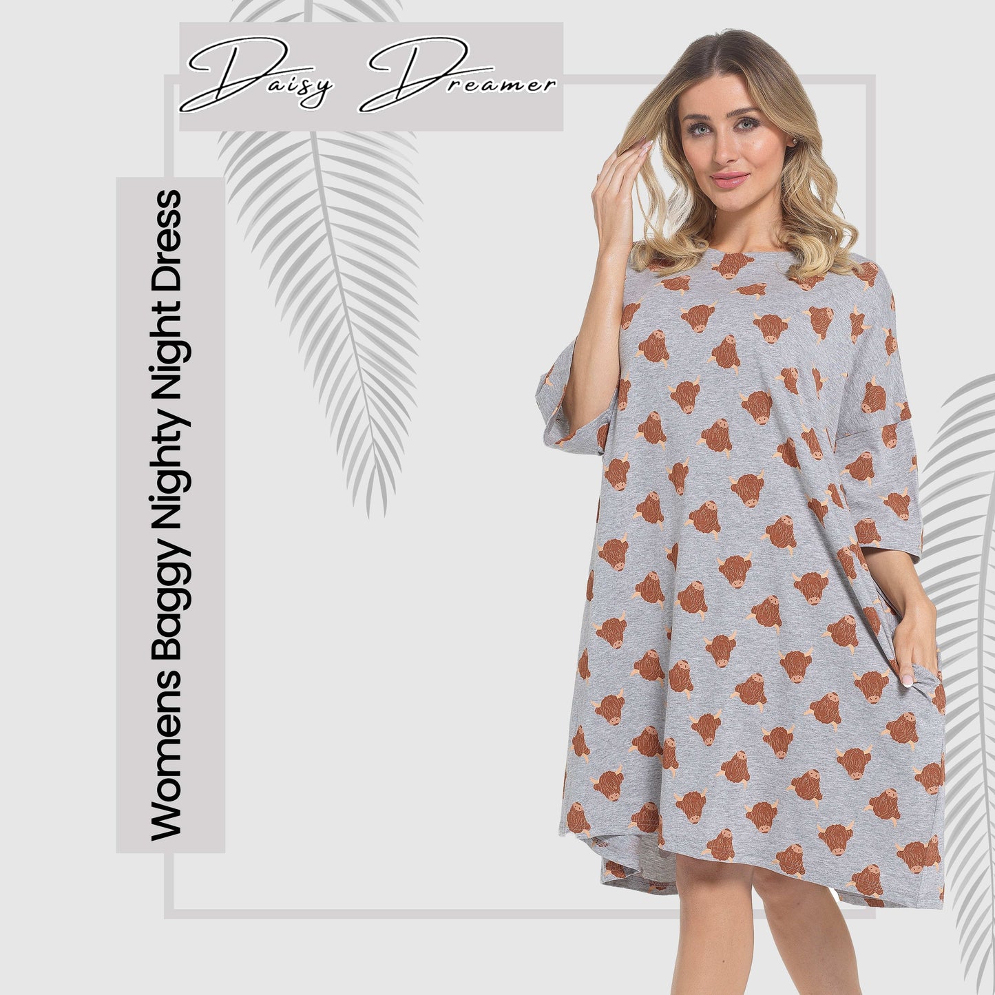 Women's Highland Cow Cream Baggy Nighty Dress Oversized T-Shirt Nighties 100% Cotton Short Sleeved Nightshirt for Ladies by Daisy Dreamer